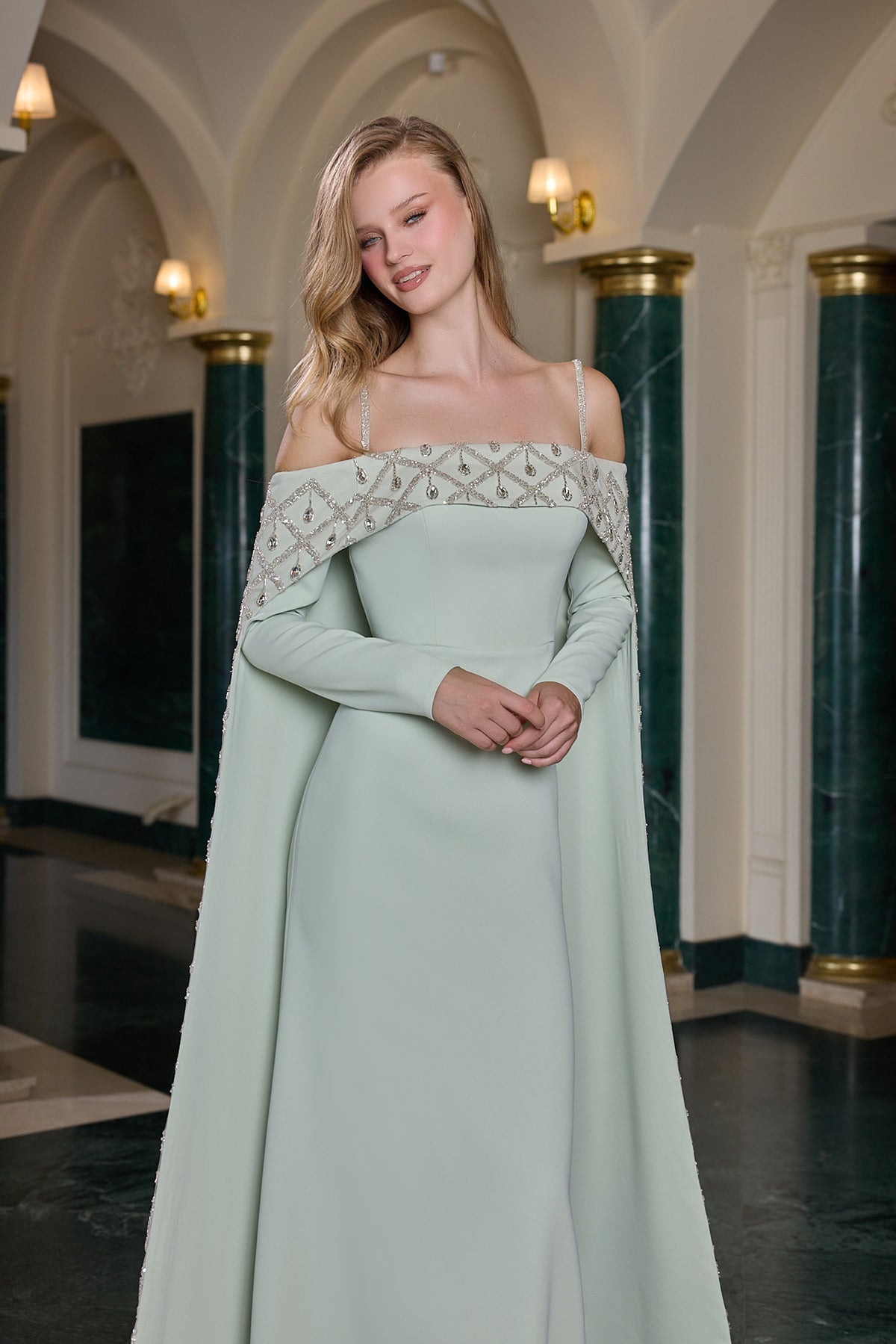 Daria Embellished Cape Sleeve Evening Gown