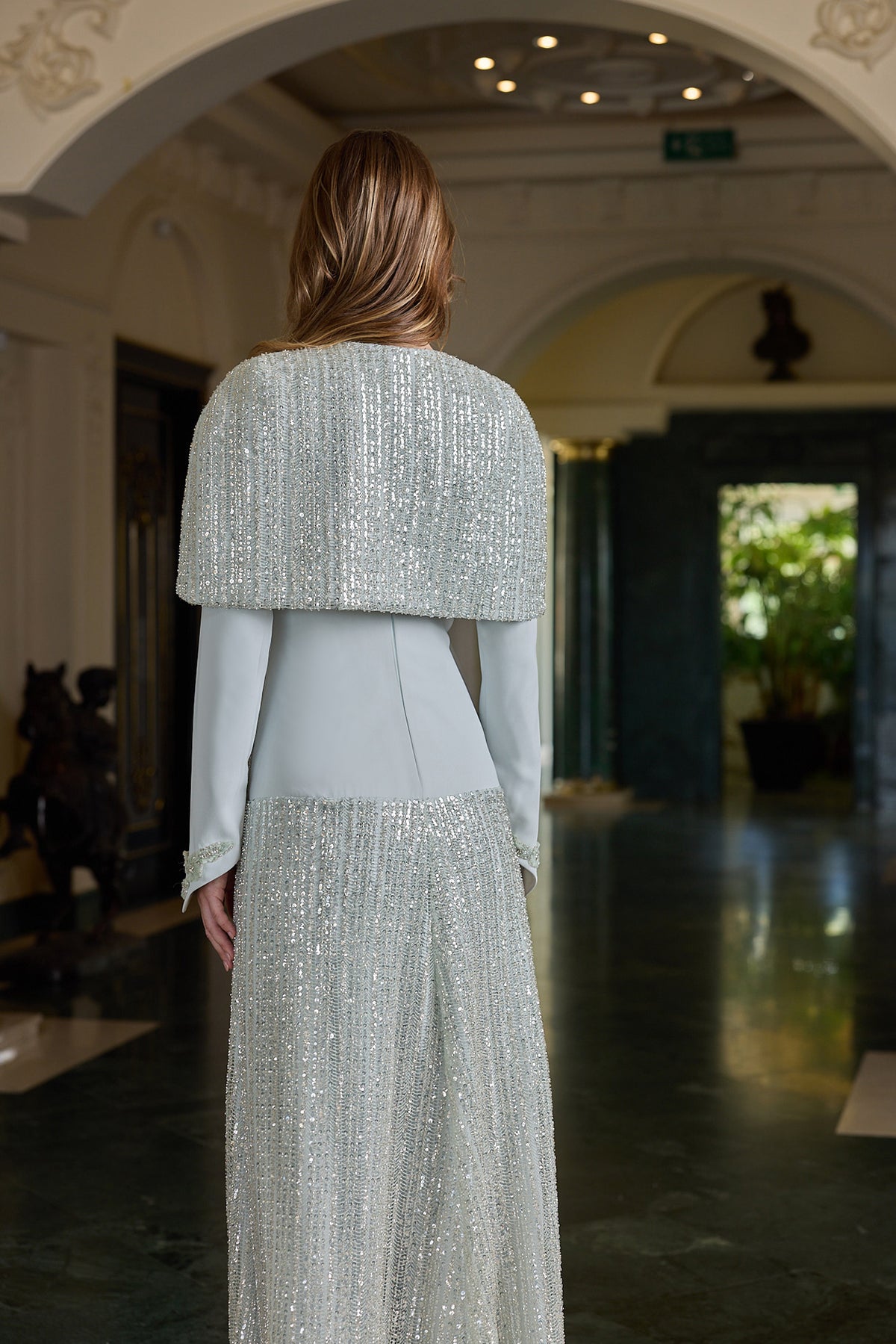 Juliana Sequin Cape Evening Gown