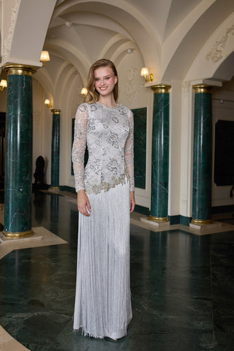 Clarisse Silver Embellished Fringe Evening Gown