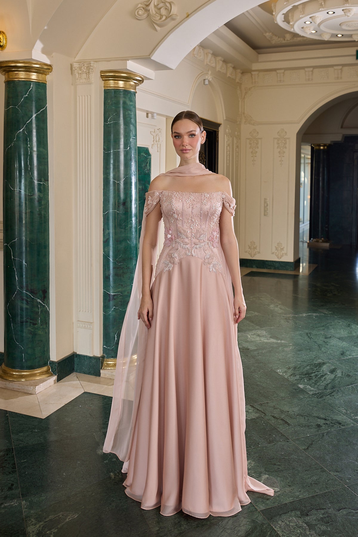 Odessa Floral Embellished Off-Shoulder Evening Gown