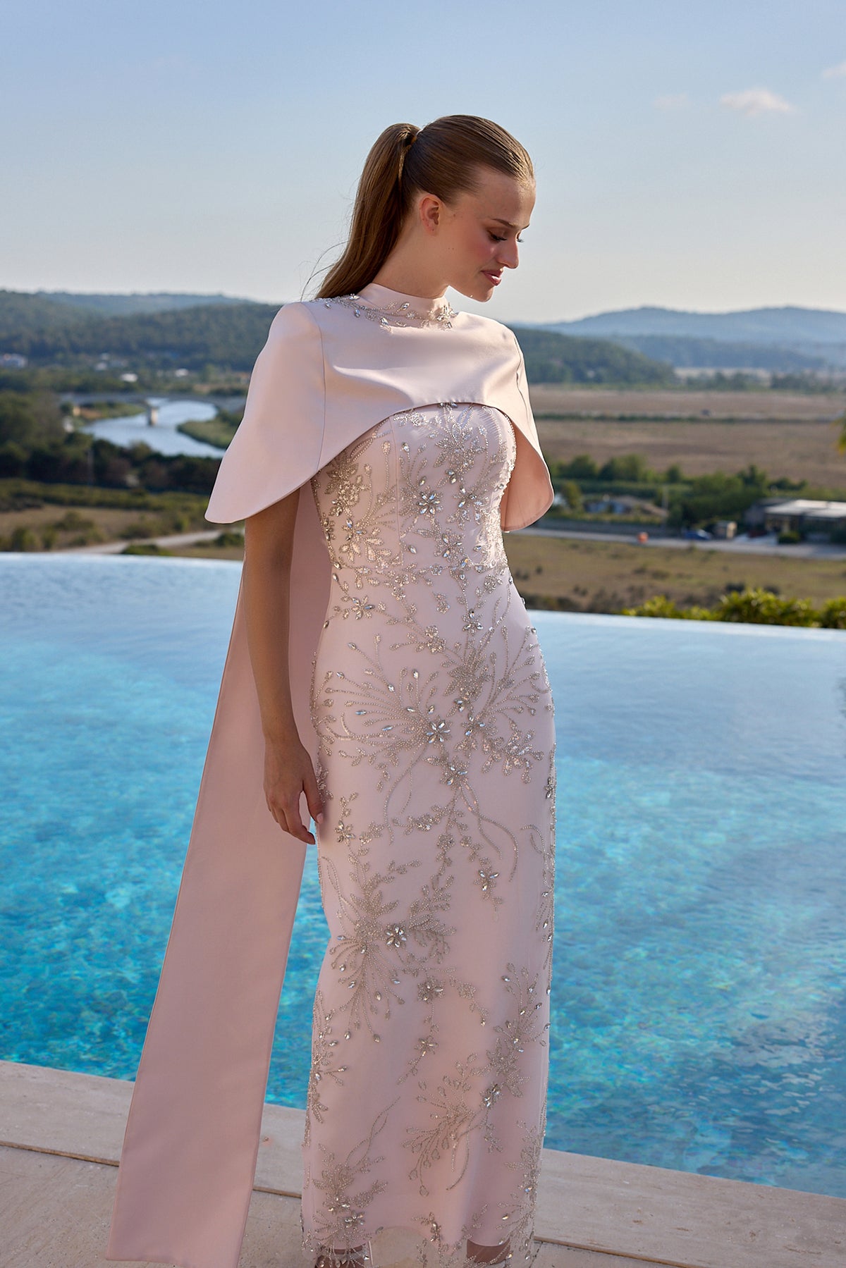Cecelia Embellished Cape Evening Dress
