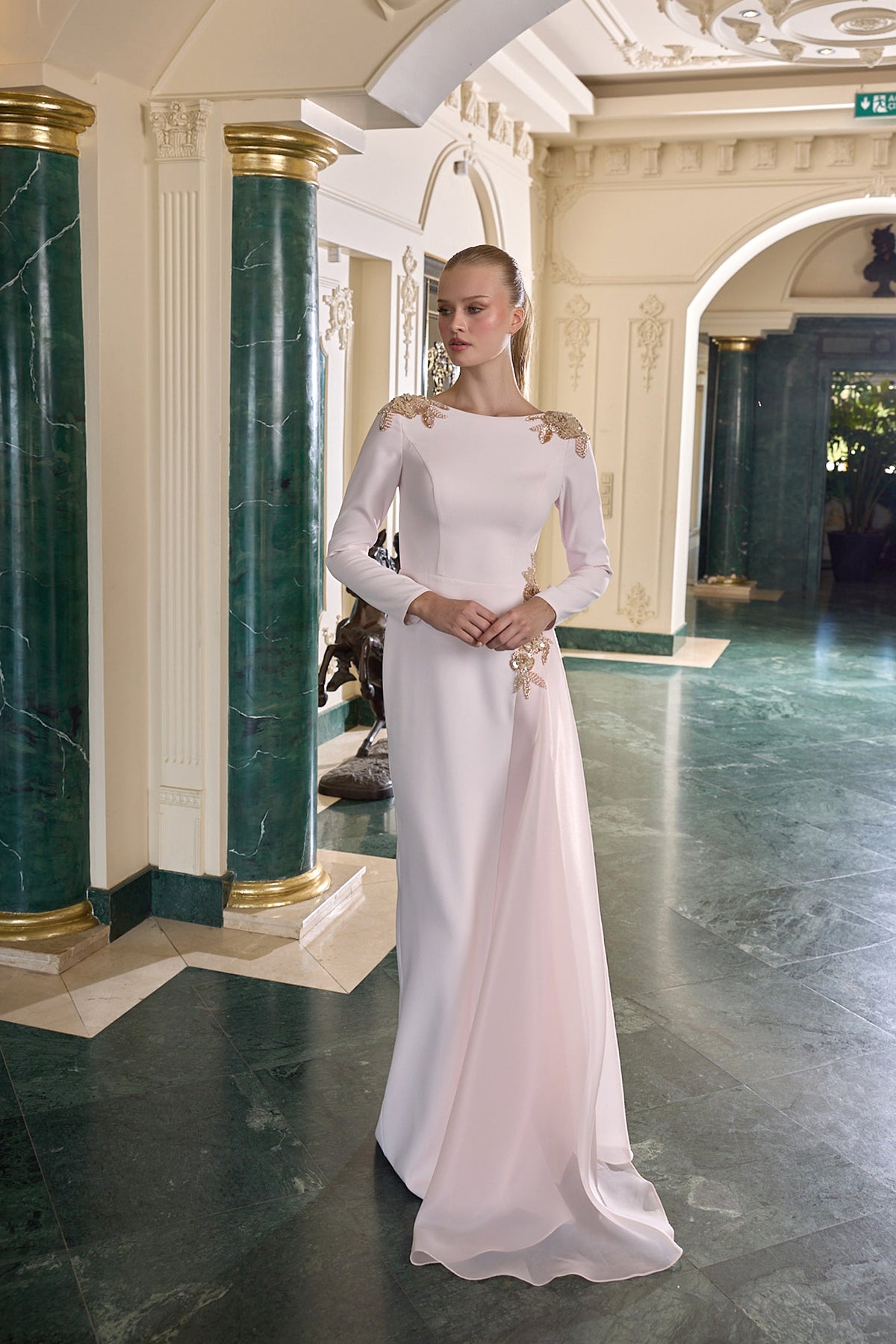 Lilou Gold Embellished Long Sleeve Evening Gown