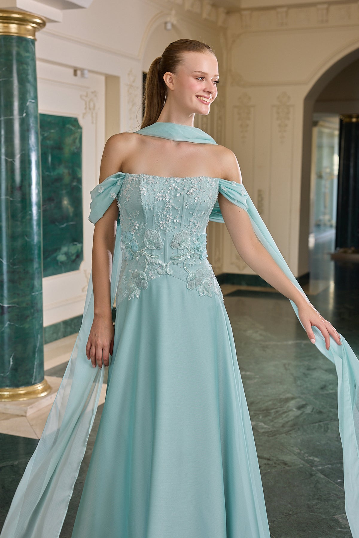 Odessa Floral Embellished Off-Shoulder Evening Gown