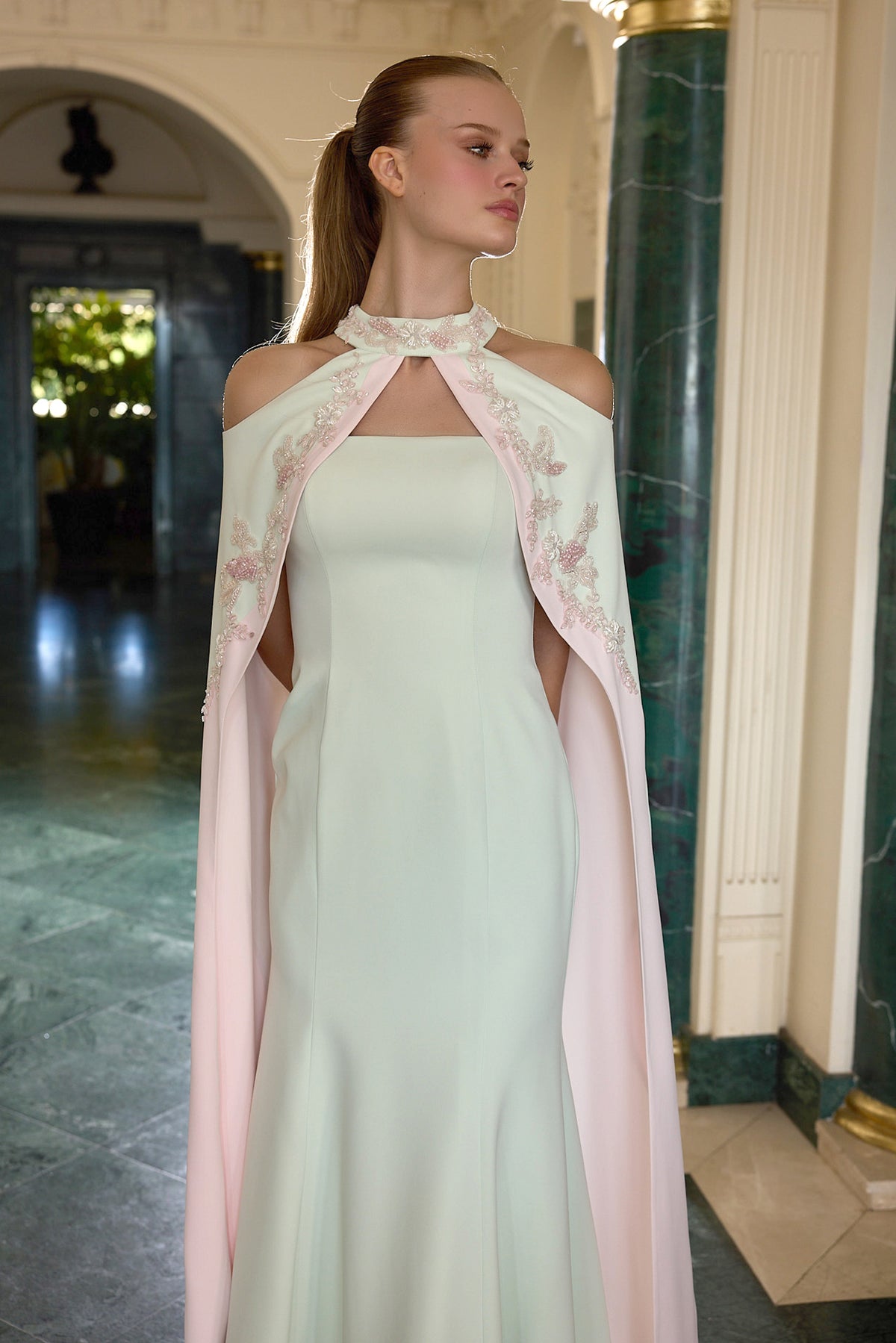 Marcel Floral Embellished Cape Evening Gown