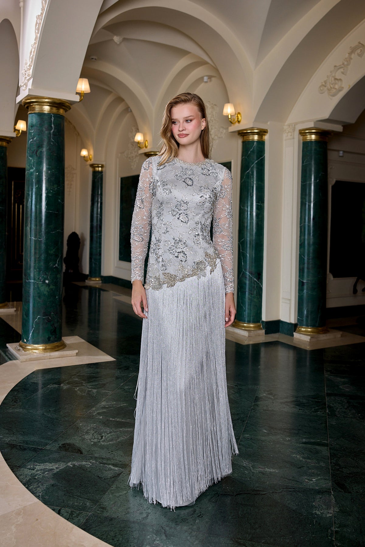 Clarisse Silver Embellished Fringe Evening Gown