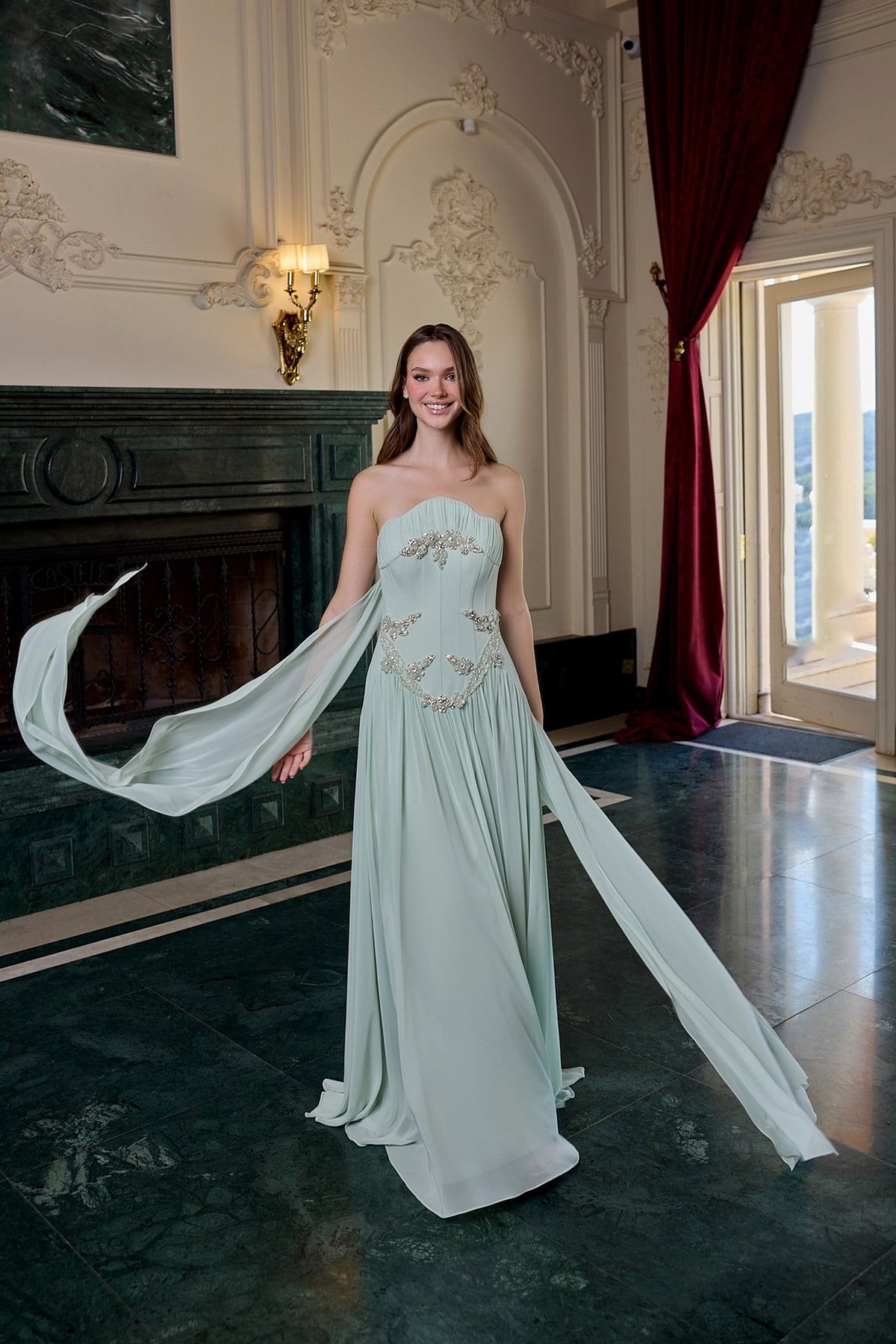 Estelle Crystal Embellished Strapless Evening Gown