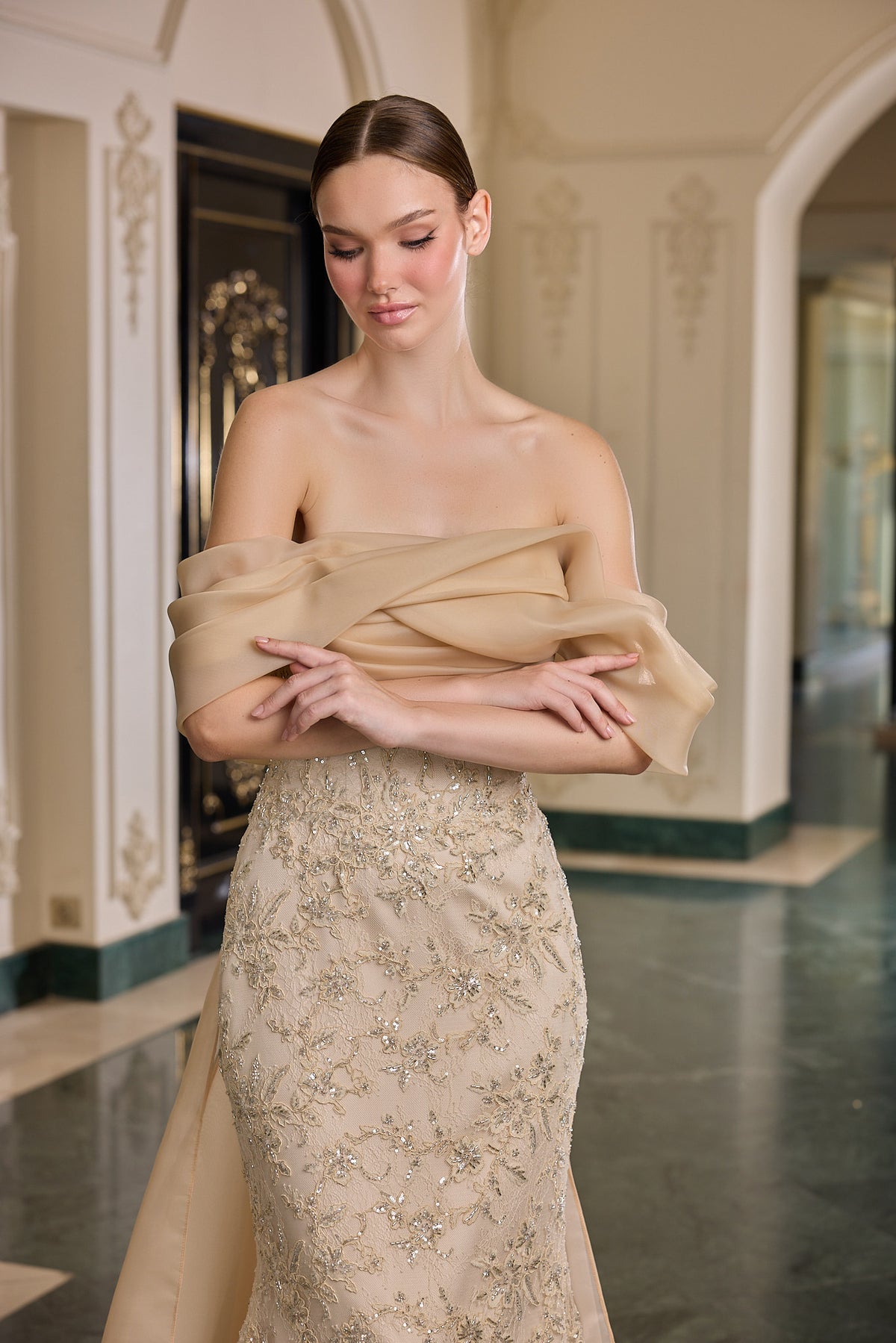 Leandra Embellished Off-Shoulder Evening Gown