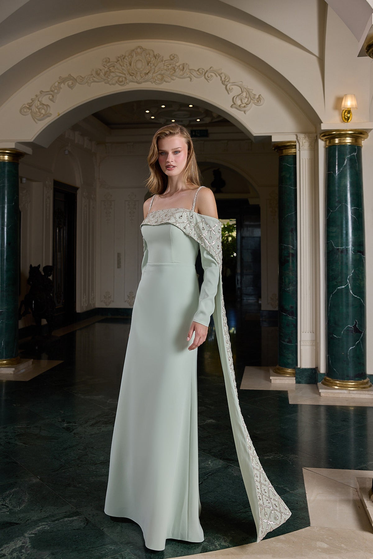 Daria Embellished Cape Sleeve Evening Gown