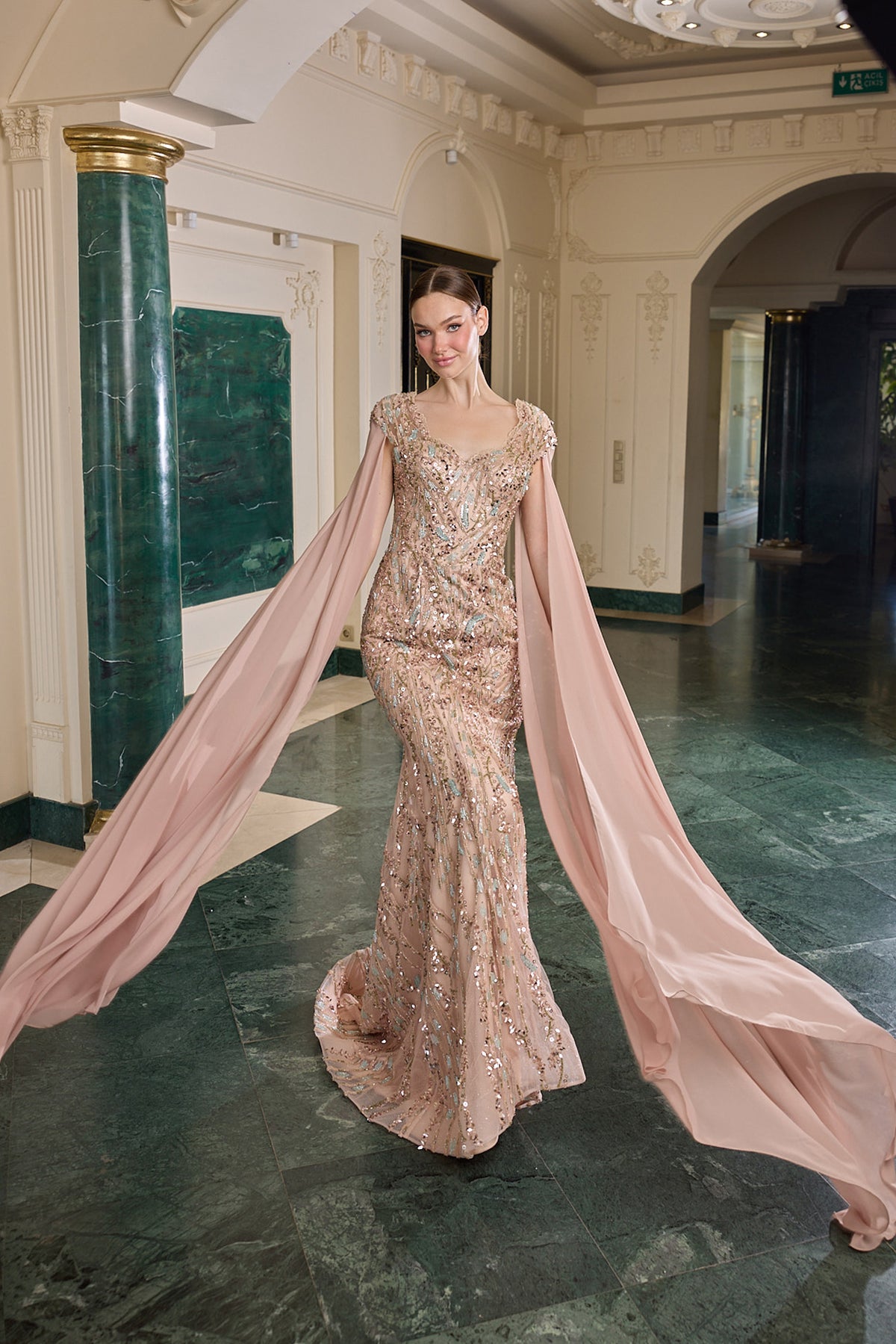 Lavinia Sequin Embellished Cape Evening Gown