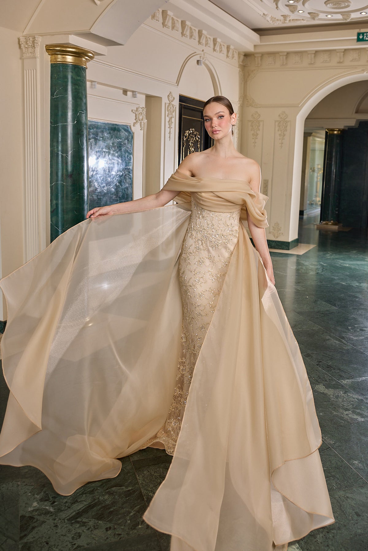 Leandra Embellished Off-Shoulder Evening Gown