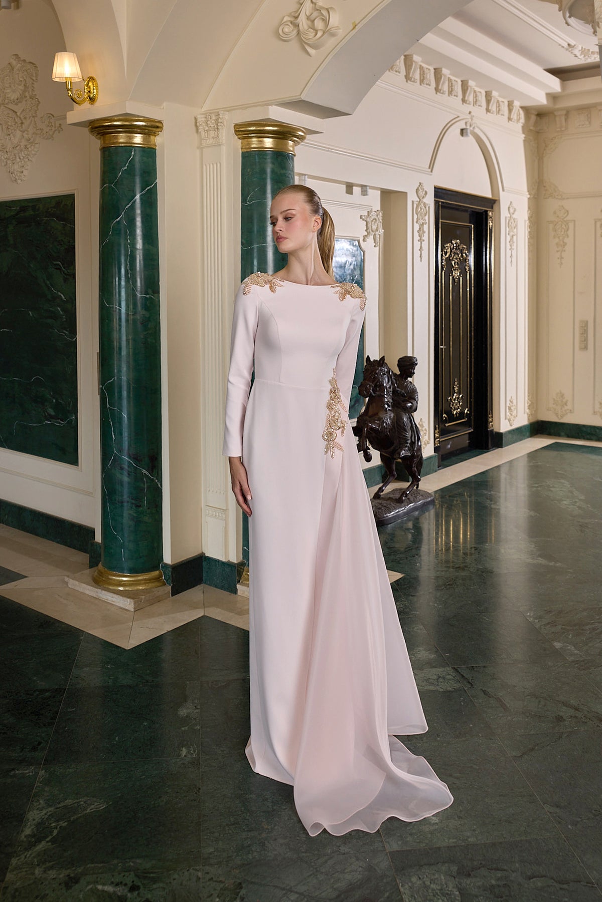 Lilou Gold Embellished Long Sleeve Evening Gown