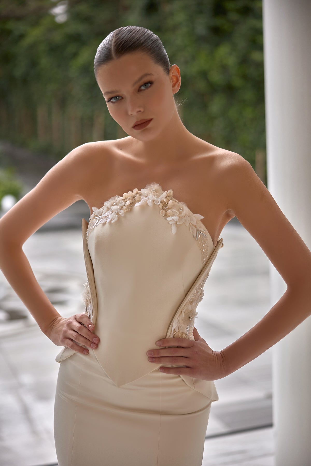 Antonia Lace-Detailed Sculpted Evening Gown