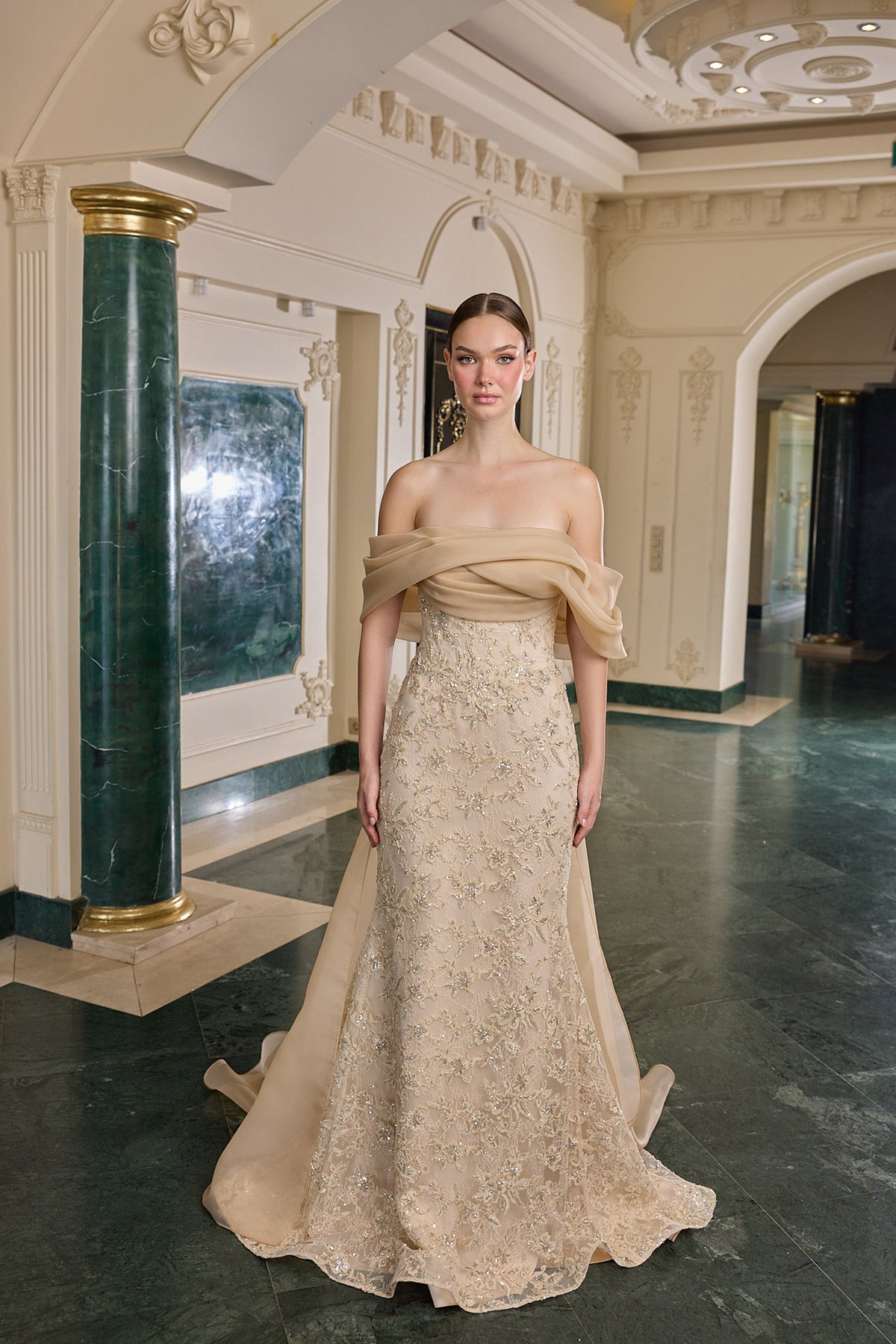 Leandra Embellished Off-Shoulder Evening Gown