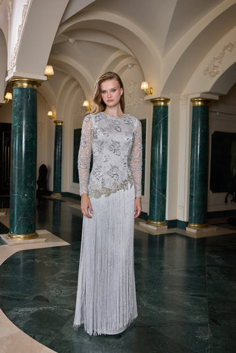 Clarisse Silver Embellished Fringe Evening Gown