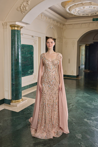 Lavinia Sequin Embellished Cape Evening Gown