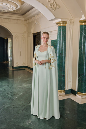 Leonie Gold Embellished Cape Evening Gown