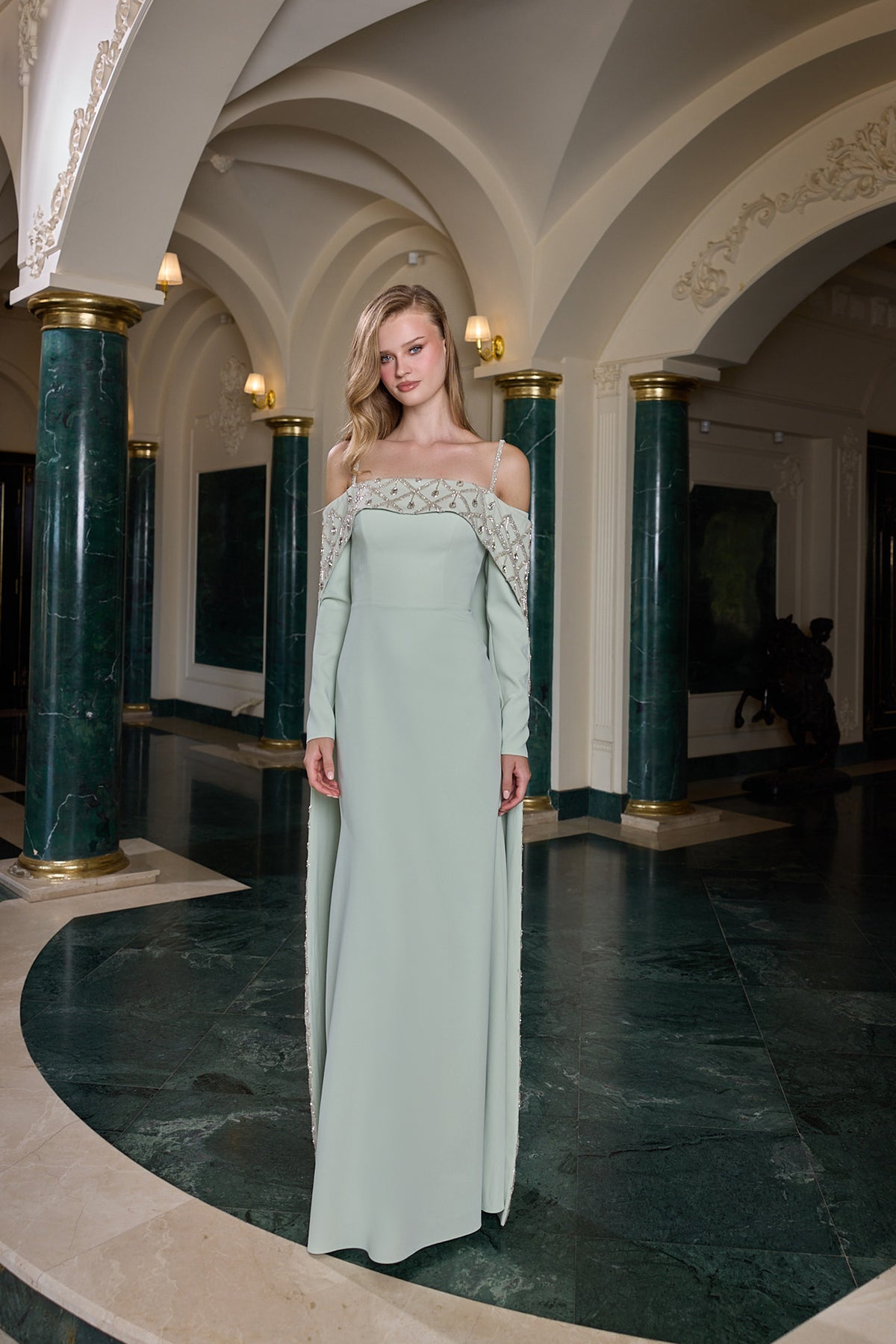 Daria Embellished Cape Sleeve Evening Gown