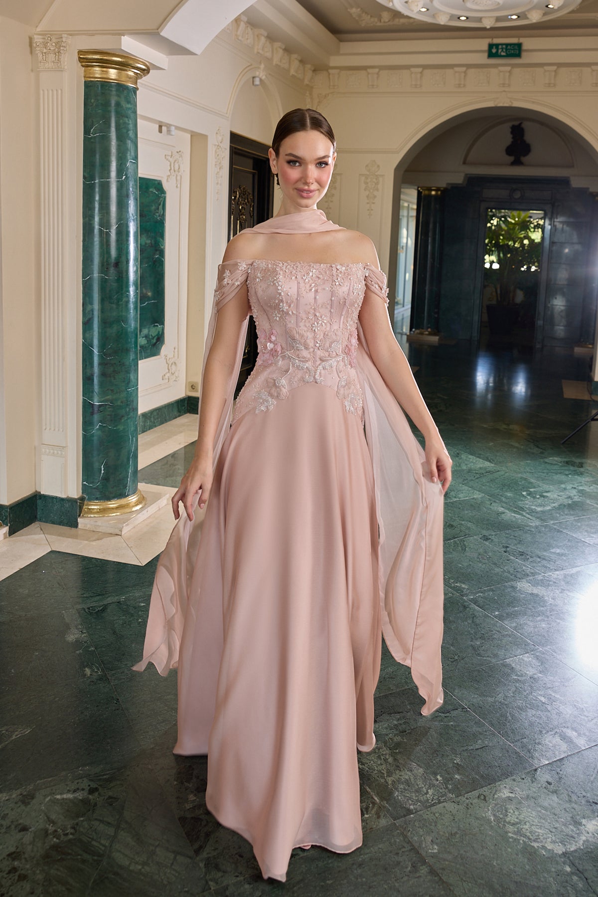 Odessa Floral Embellished Off-Shoulder Evening Gown