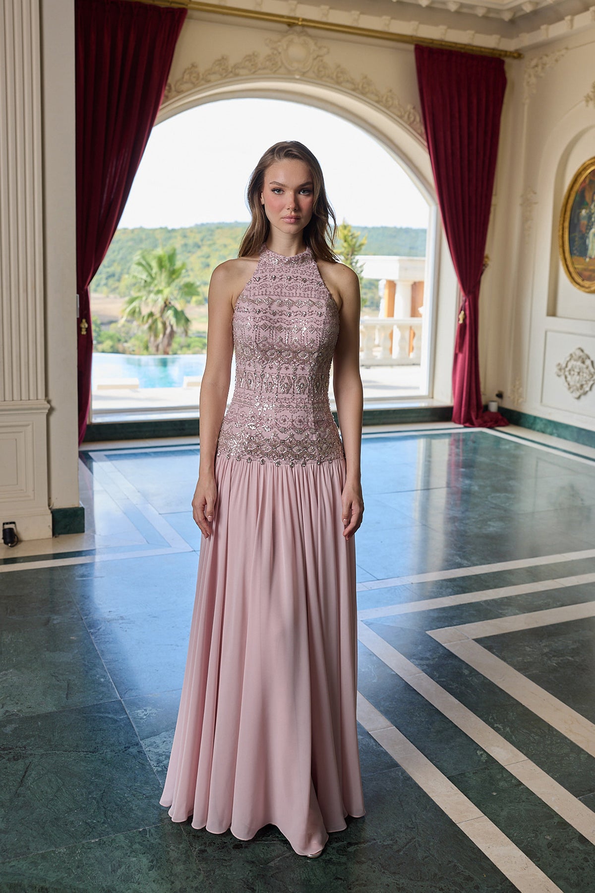 Helena Embellished Halter Neck Evening Gown