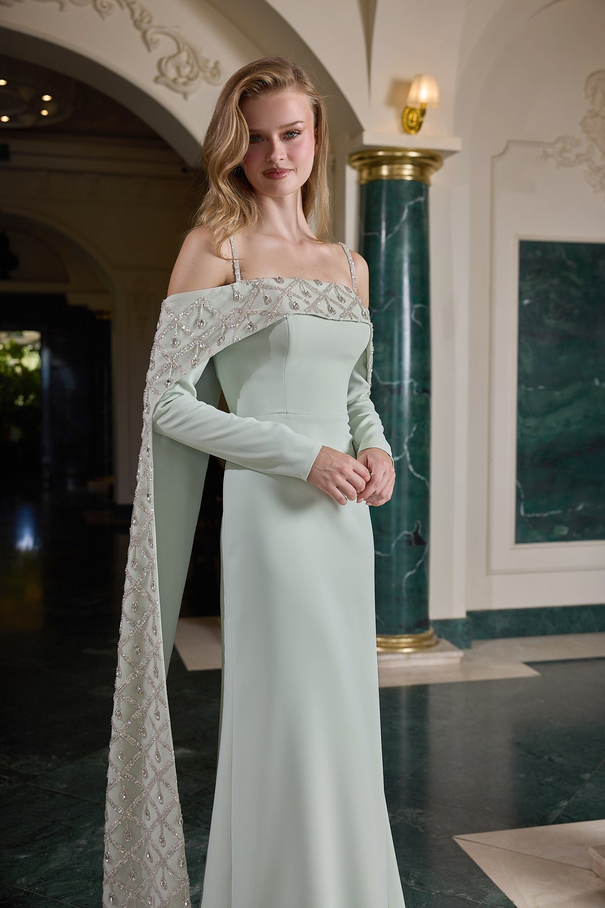 Daria Embellished Cape Sleeve Evening Gown