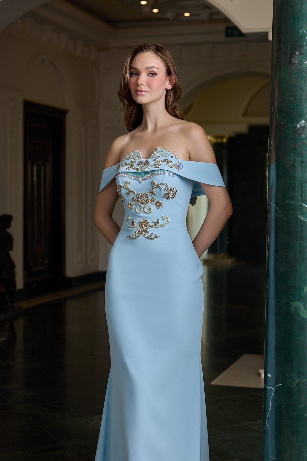 Genevieve Embellished Off-Shoulder Evening Gown