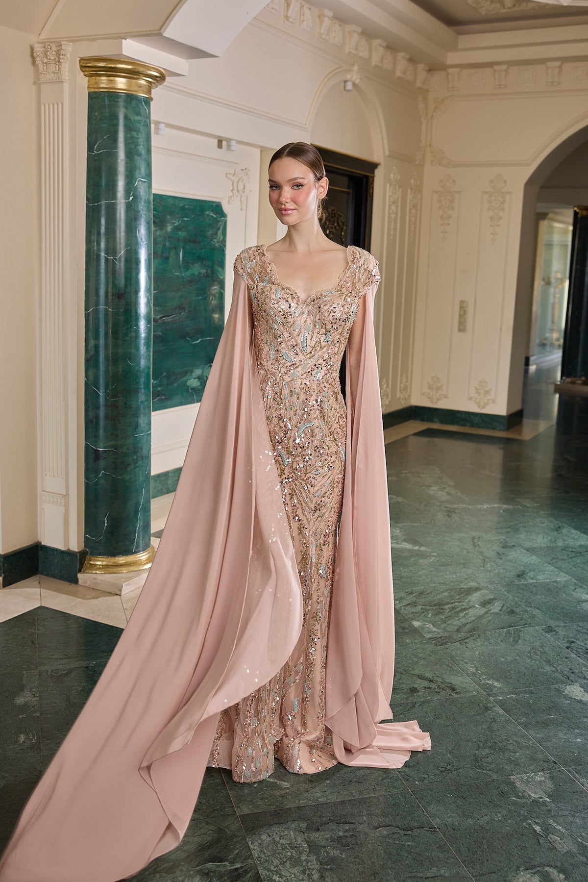 Lavinia Sequin Embellished Cape Evening Gown