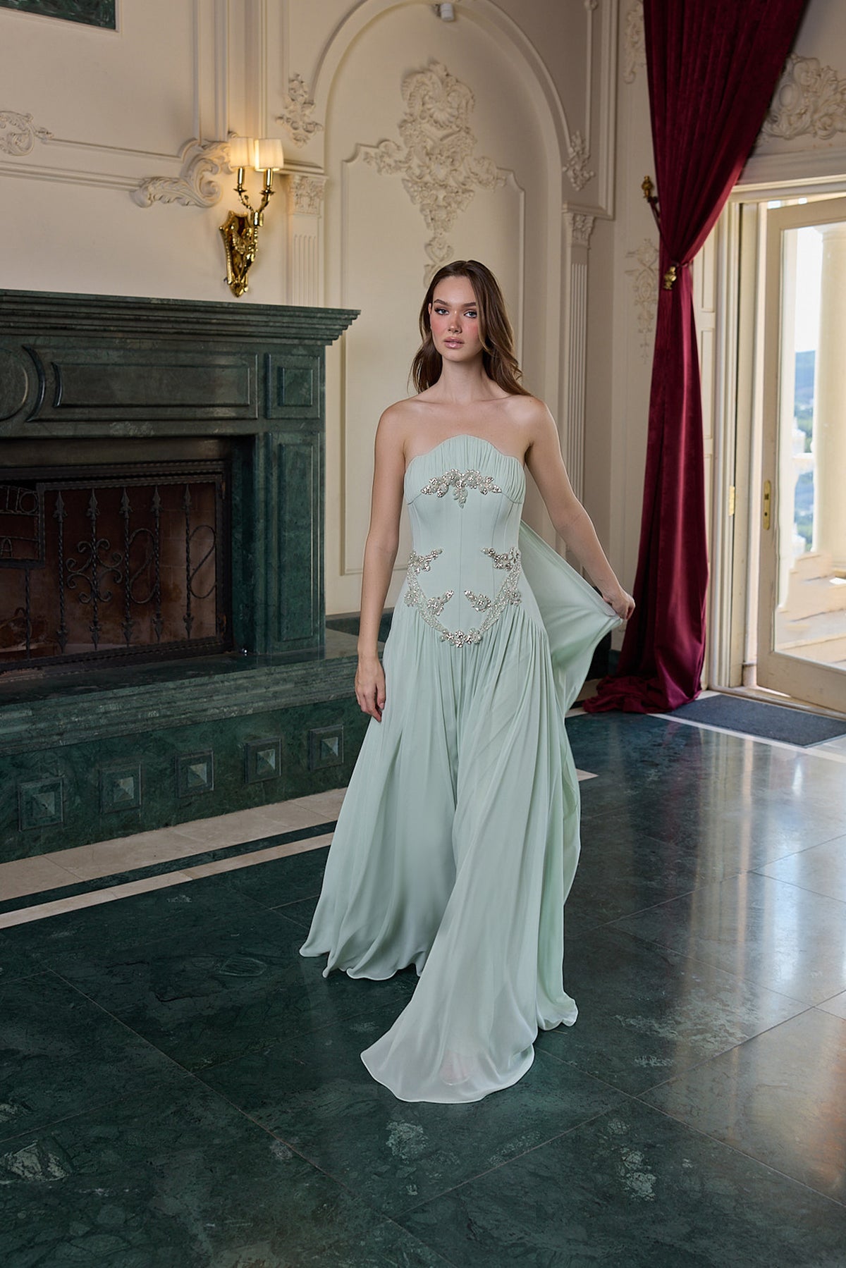 Estelle Crystal Embellished Strapless Evening Gown