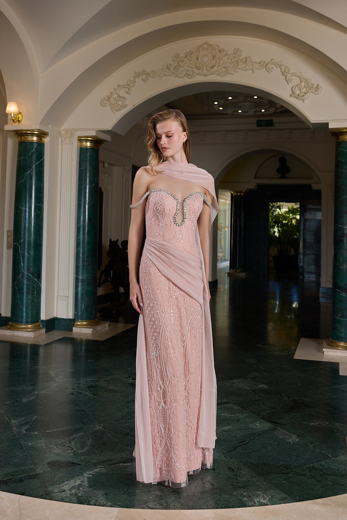 Evelina Crystal Embellished Off-Shoulder Evening Gown