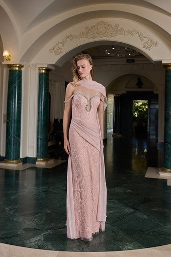 Evelina Crystal Embellished Off-Shoulder Evening Gown