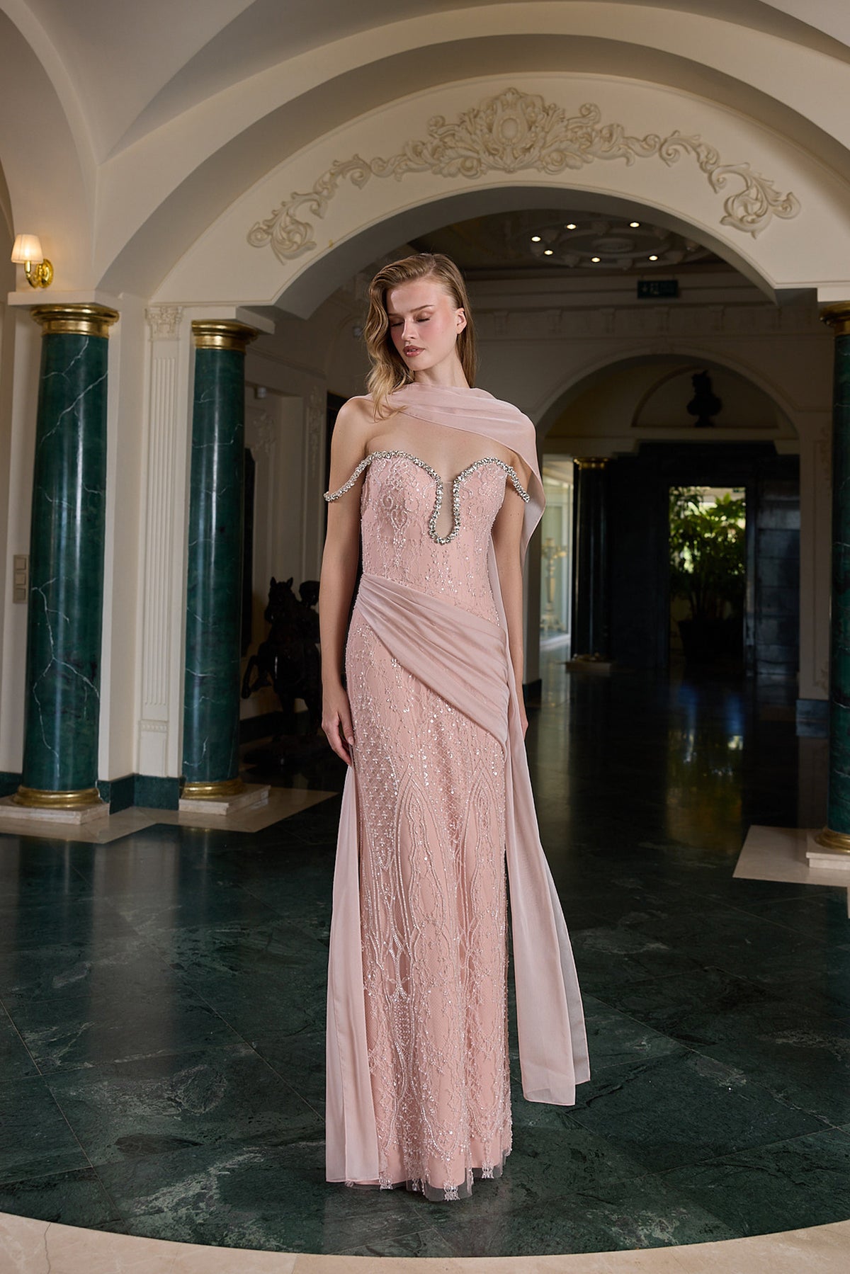 Evelina Crystal Embellished Off-Shoulder Evening Gown