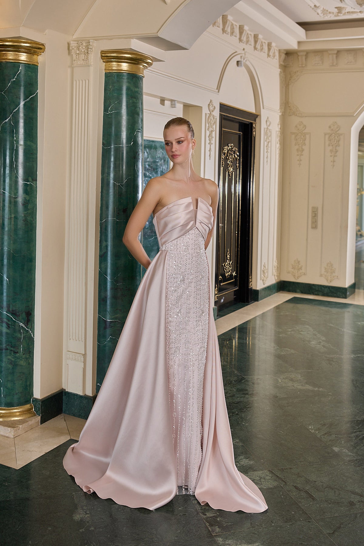 Noelle Crystal Embellished Strapless Evening Gown
