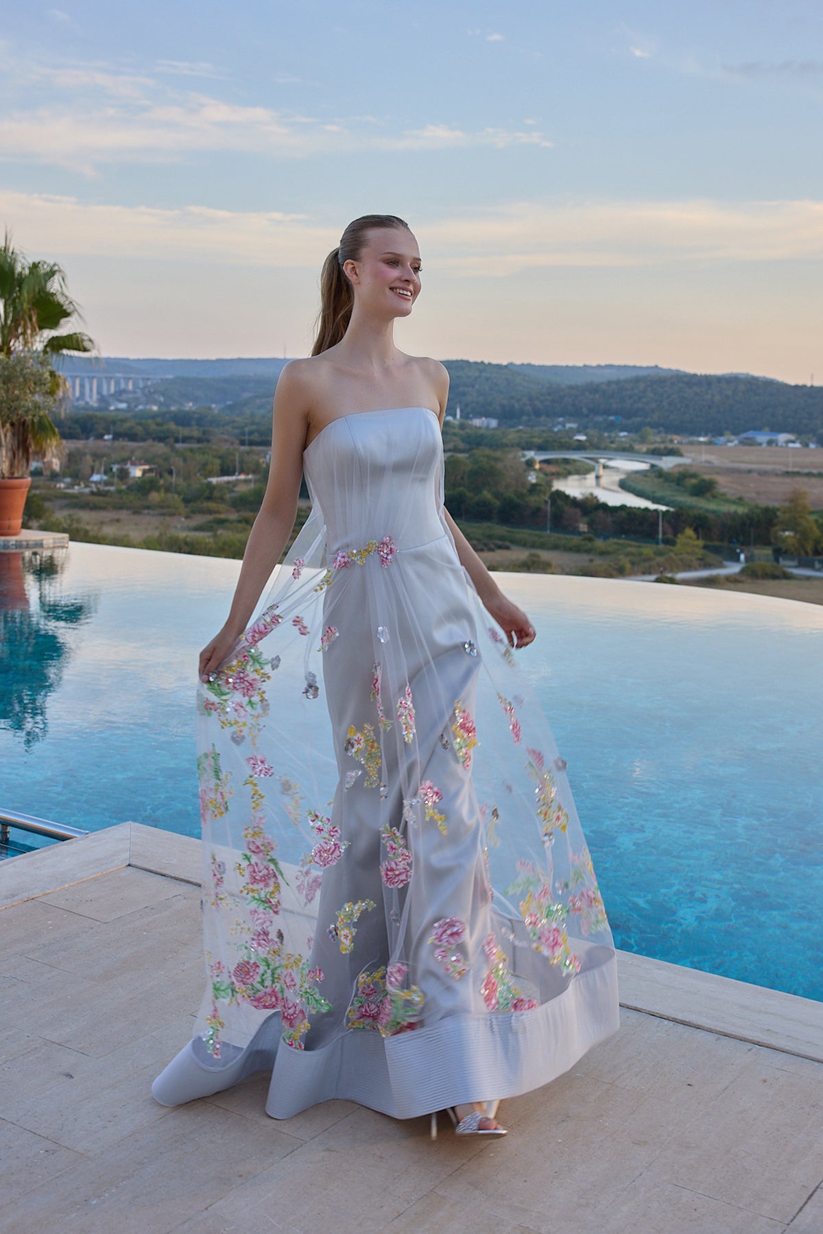 Camille Floral Embellished Strapless Evening Gown