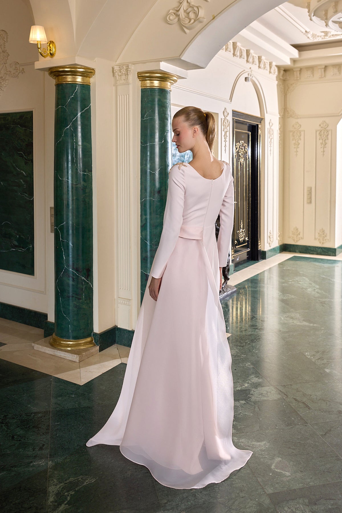 Lilou Gold Embellished Long Sleeve Evening Gown
