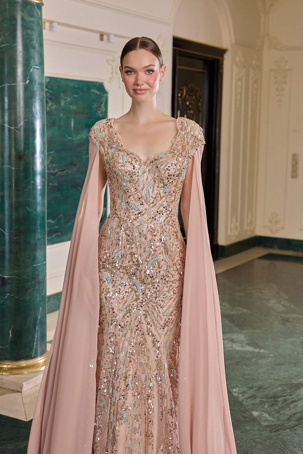Lavinia Sequin Embellished Cape Evening Gown