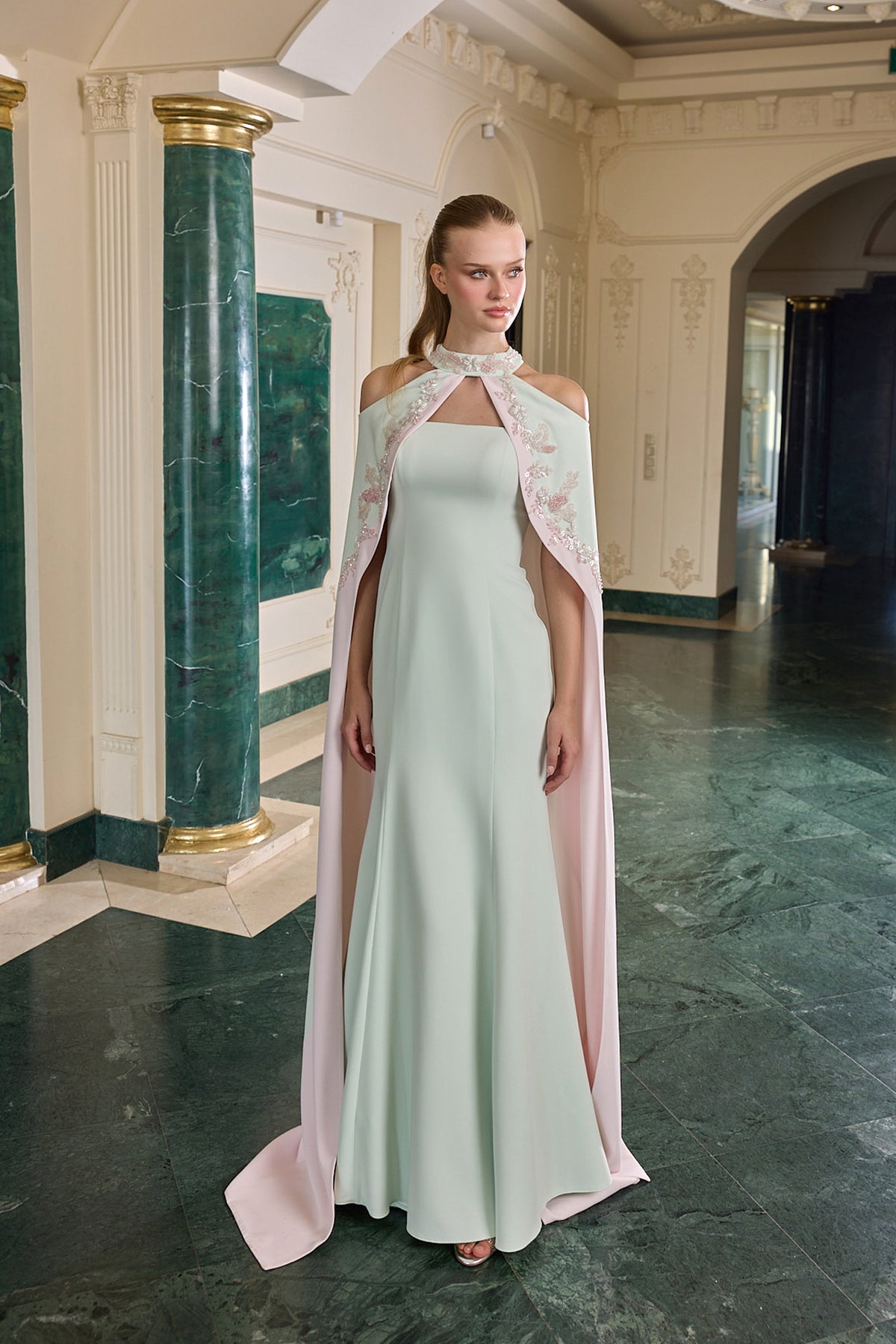 Marcel Floral Embellished Cape Evening Gown