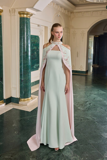 Marcel Floral Embellished Cape Evening Gown