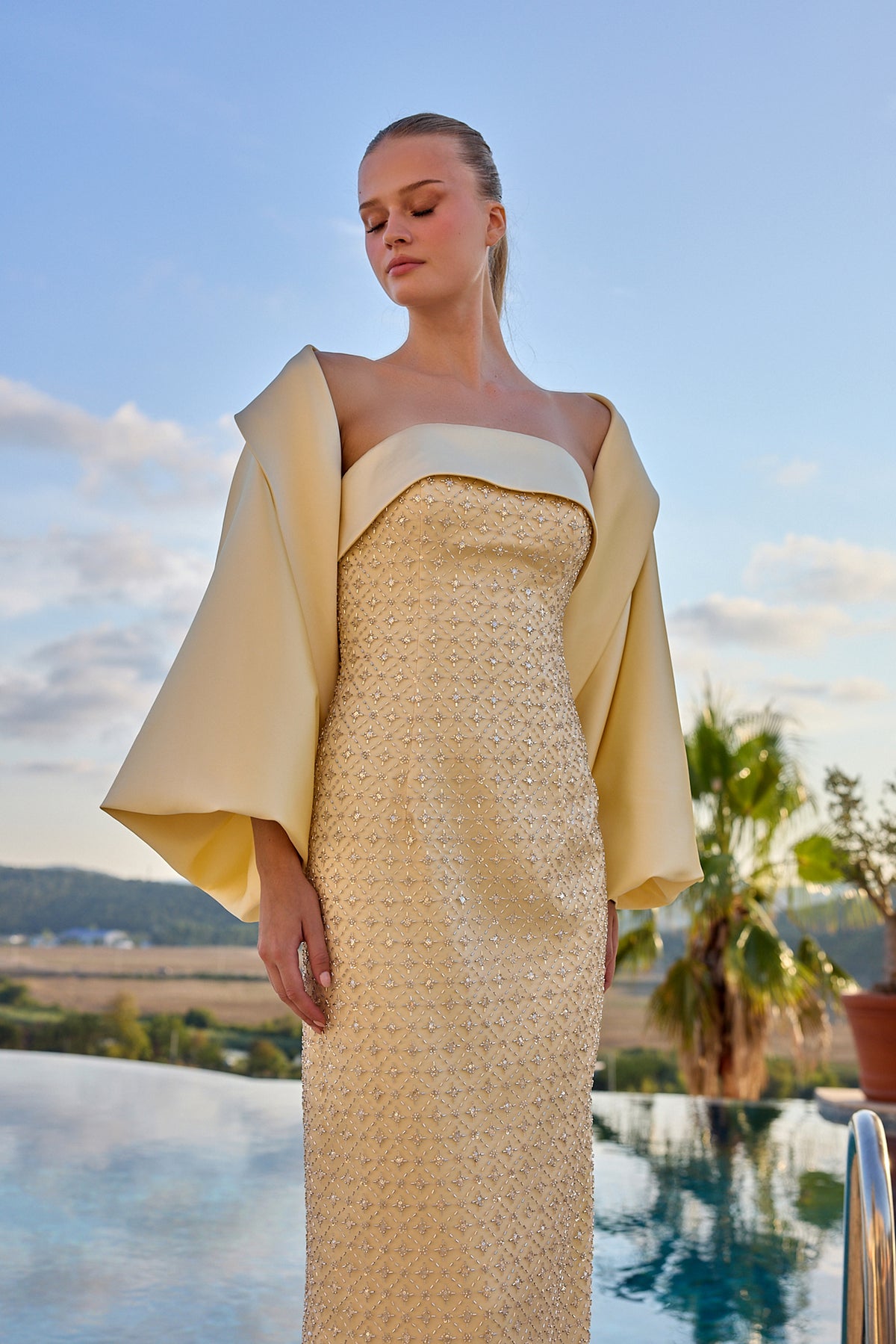 Bianca Crystal Embellished Cape Evening Gown