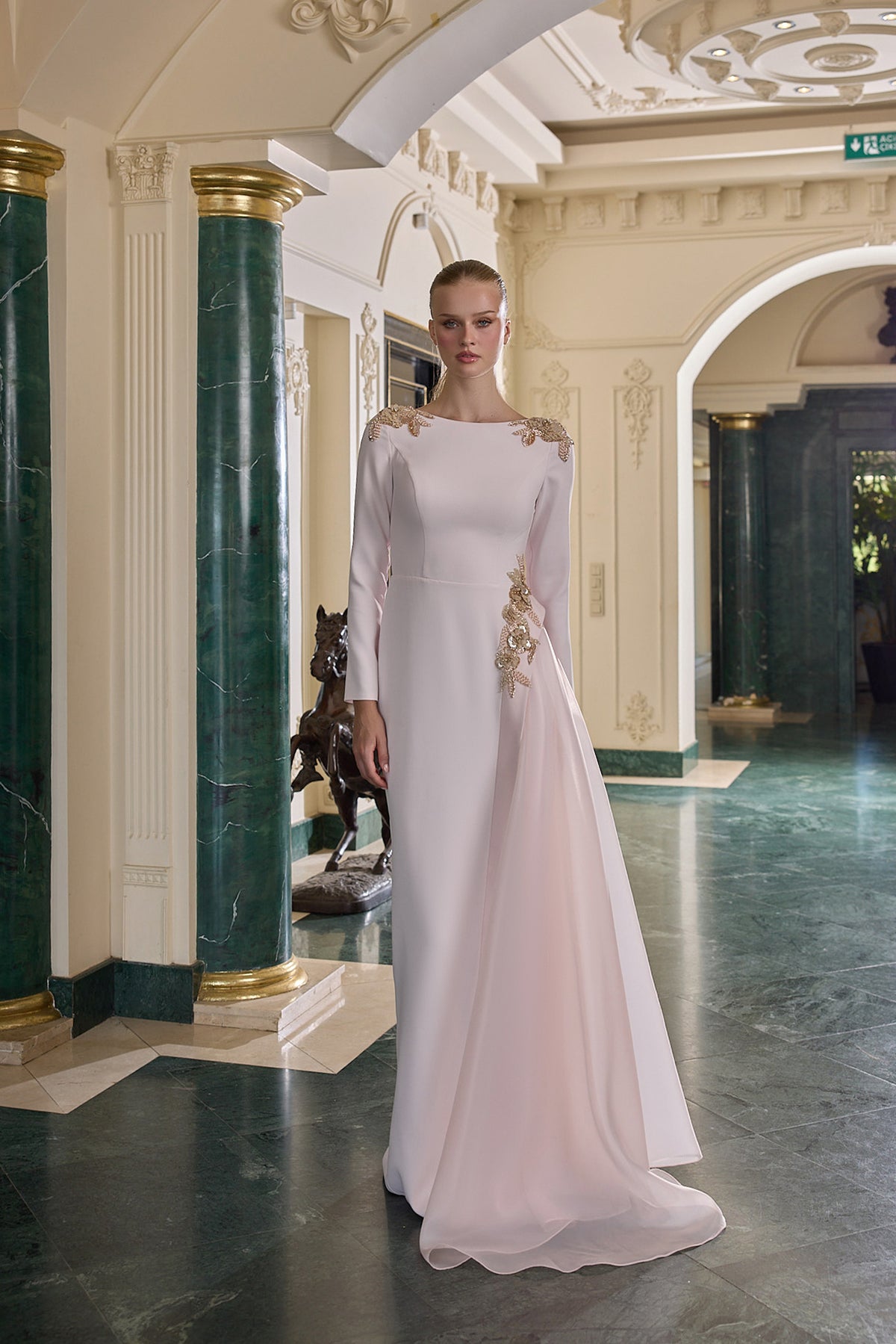 Lilou Gold Embellished Long Sleeve Evening Gown