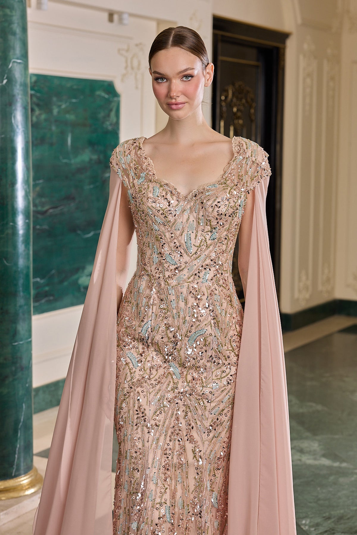 Lavinia Sequin Embellished Cape Evening Gown