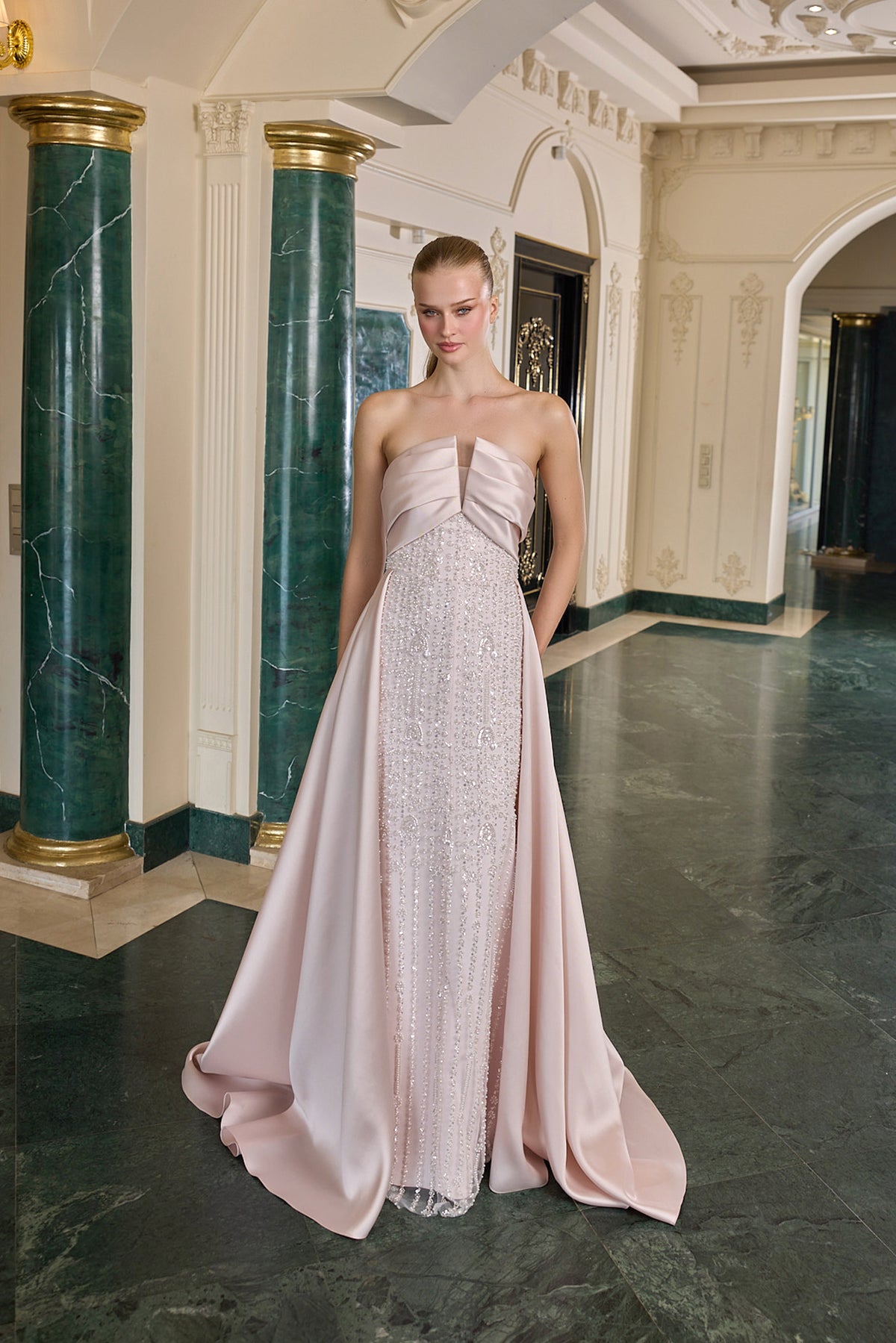 Noelle Crystal Embellished Strapless Evening Gown