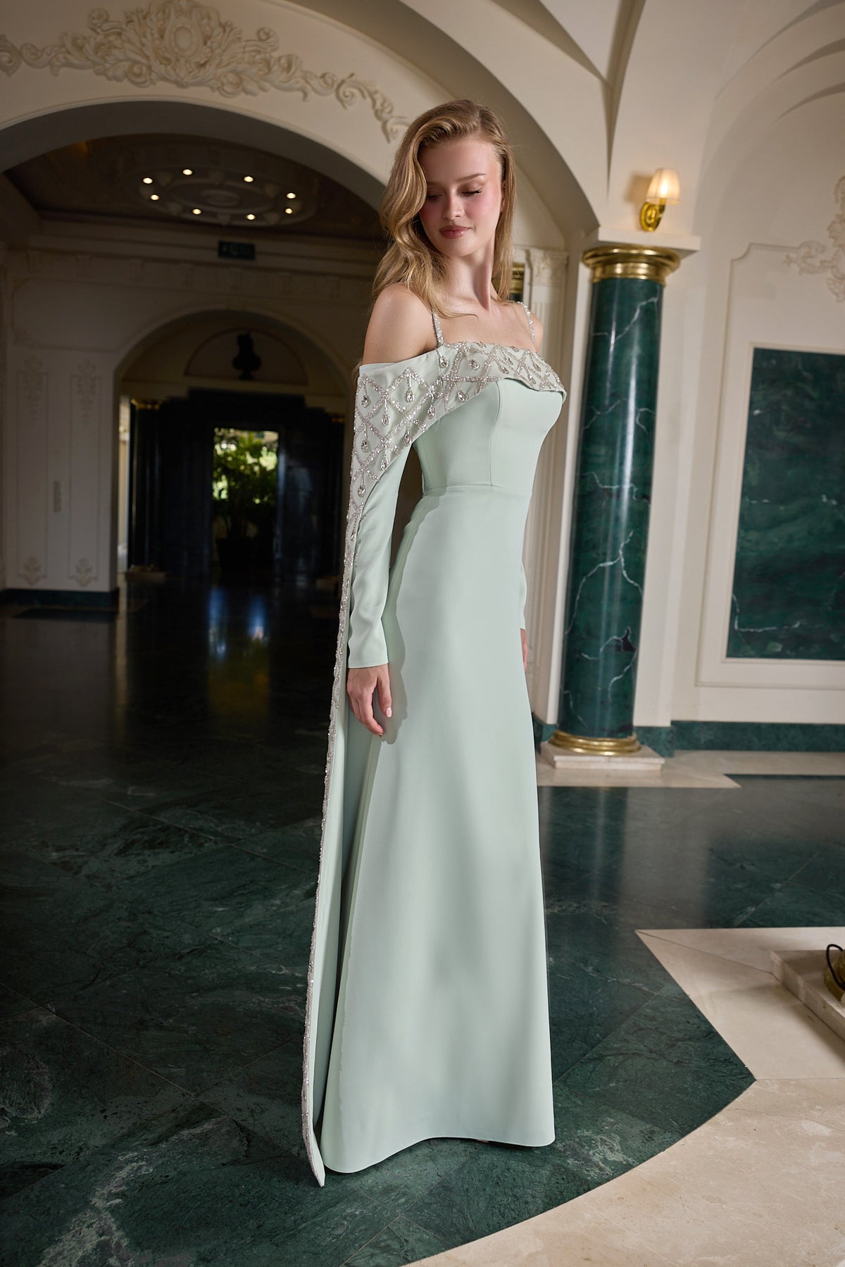 Daria Embellished Cape Sleeve Evening Gown