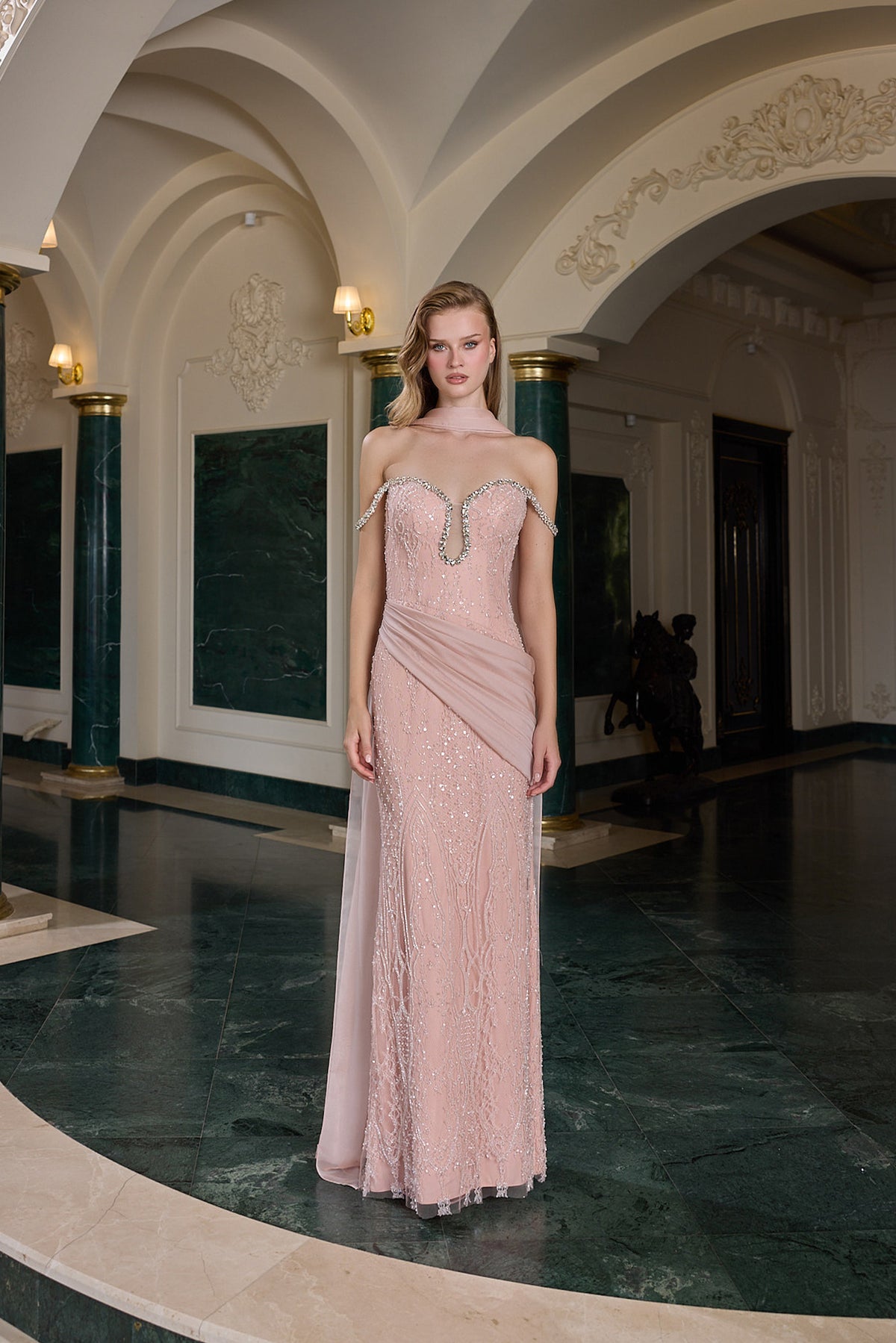 Evelina Crystal Embellished Off-Shoulder Evening Gown