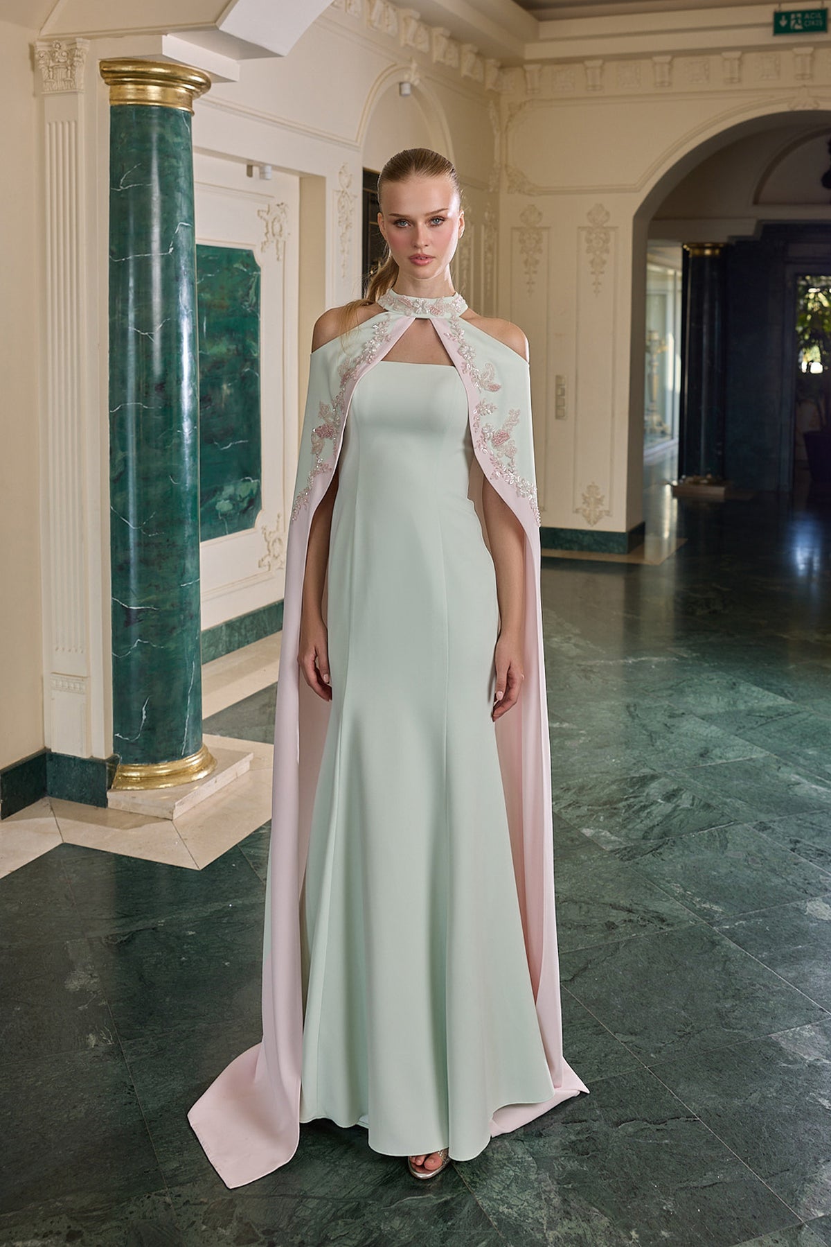 Marcel Floral Embellished Cape Evening Gown