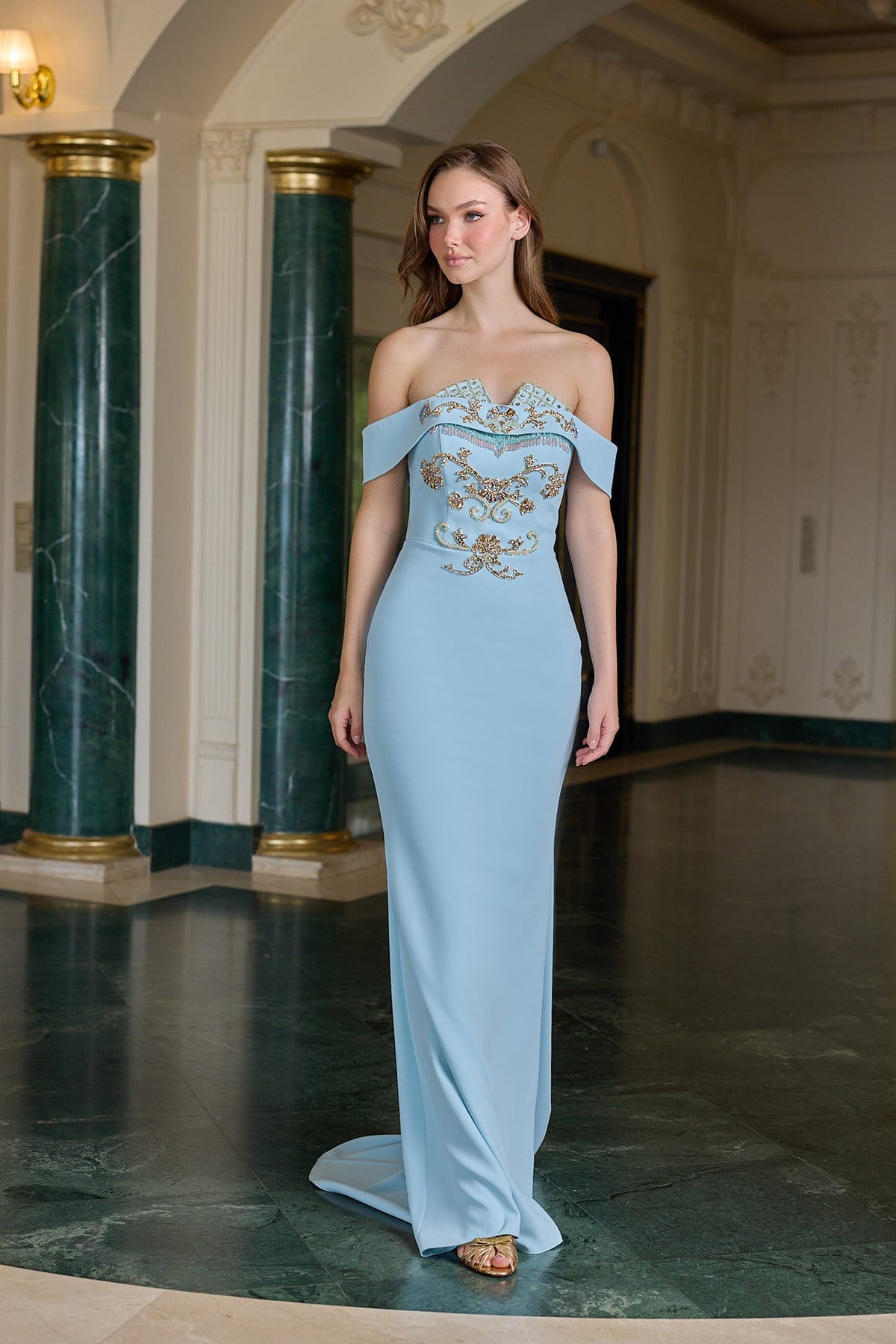 Genevieve Embellished Off-Shoulder Evening Gown