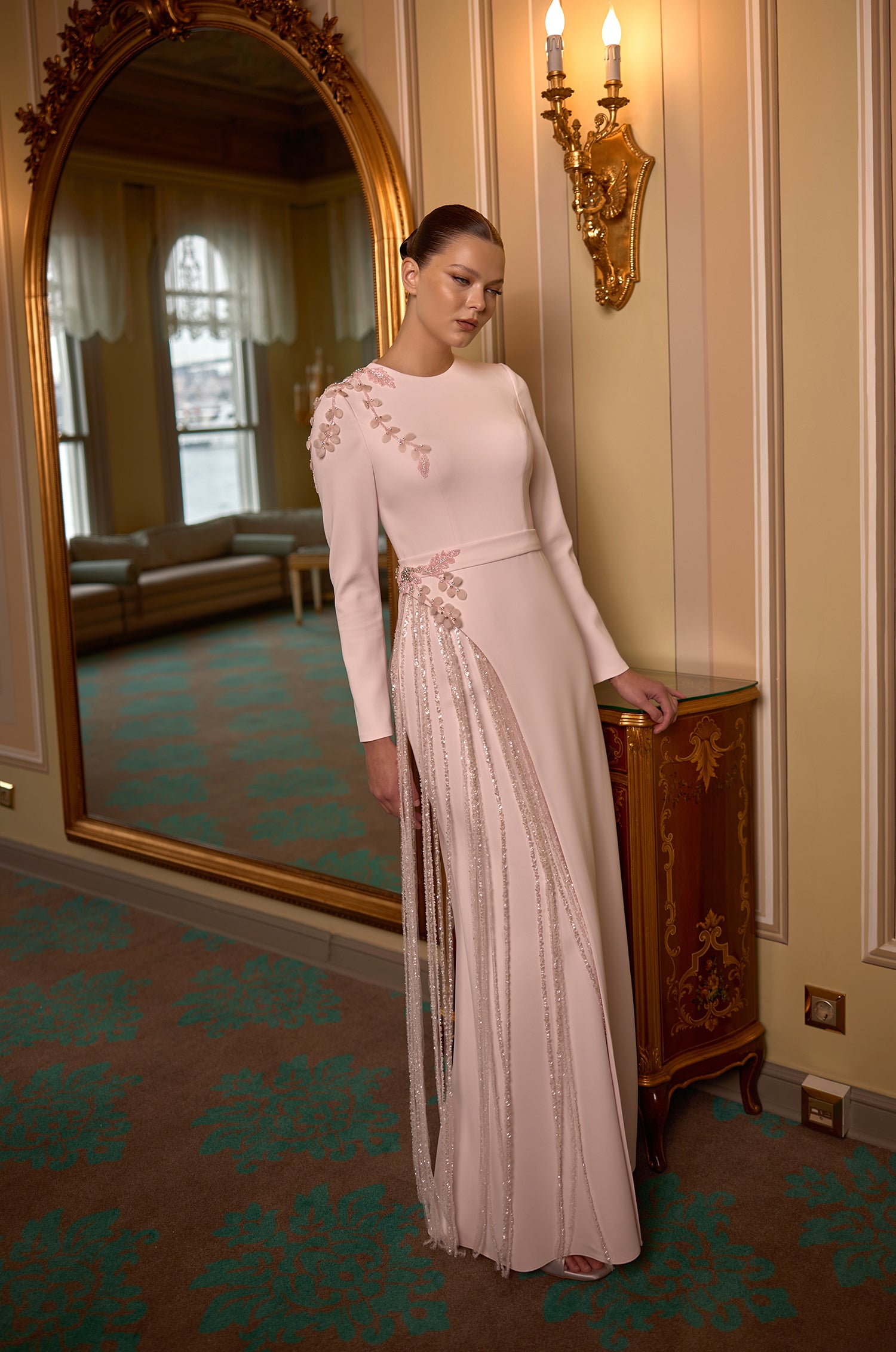 Willow Modest Couture Evening Gown with Pleated Embellished Panel