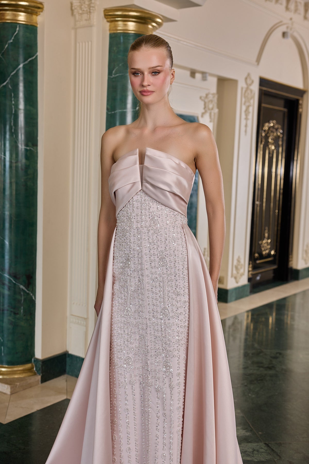 Noelle Crystal Embellished Strapless Evening Gown