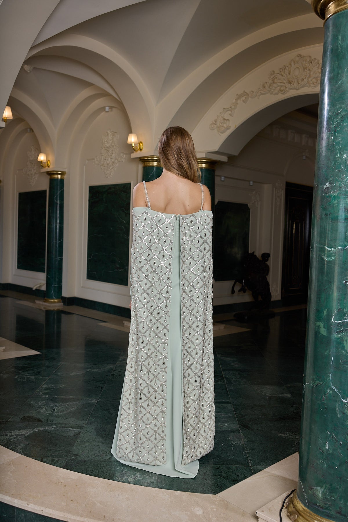 Daria Embellished Cape Sleeve Evening Gown