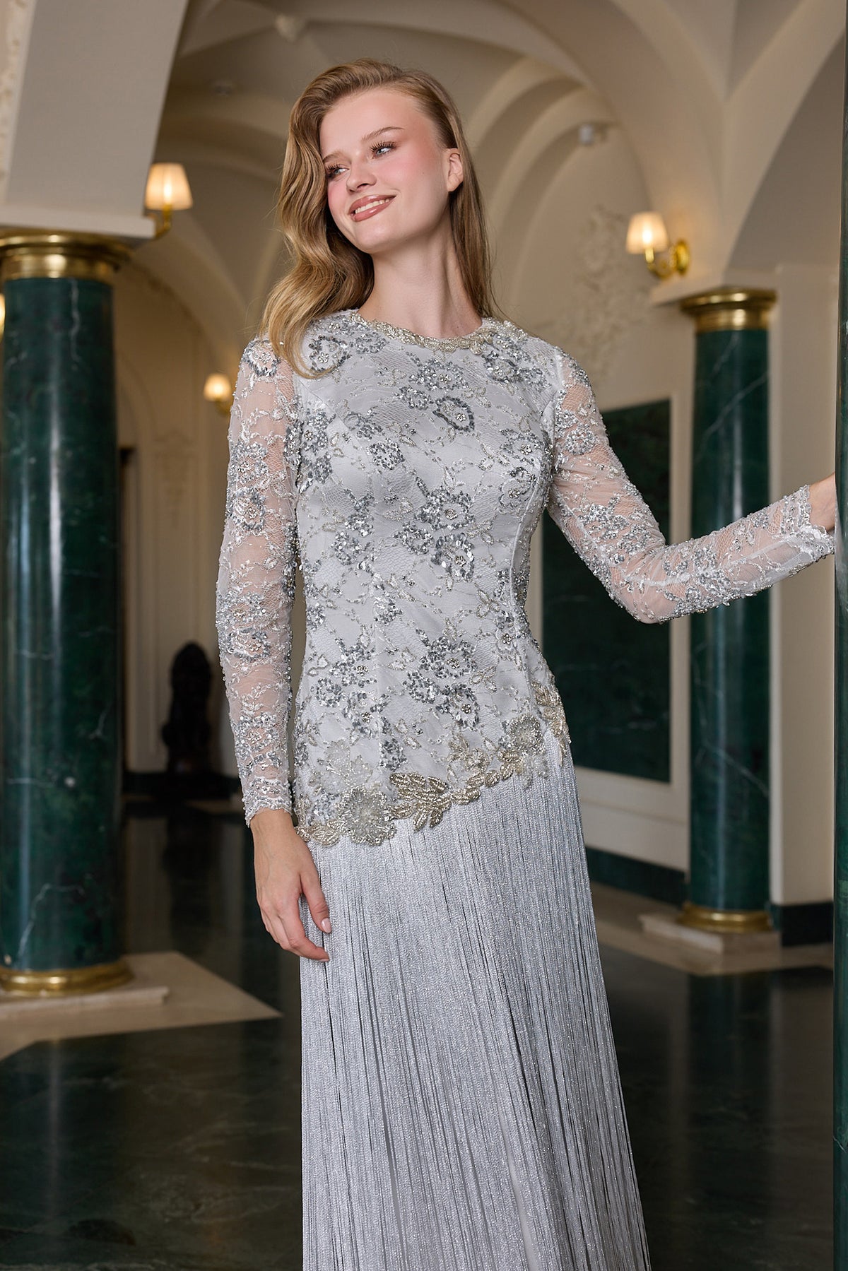 Clarisse Silver Embellished Fringe Evening Gown