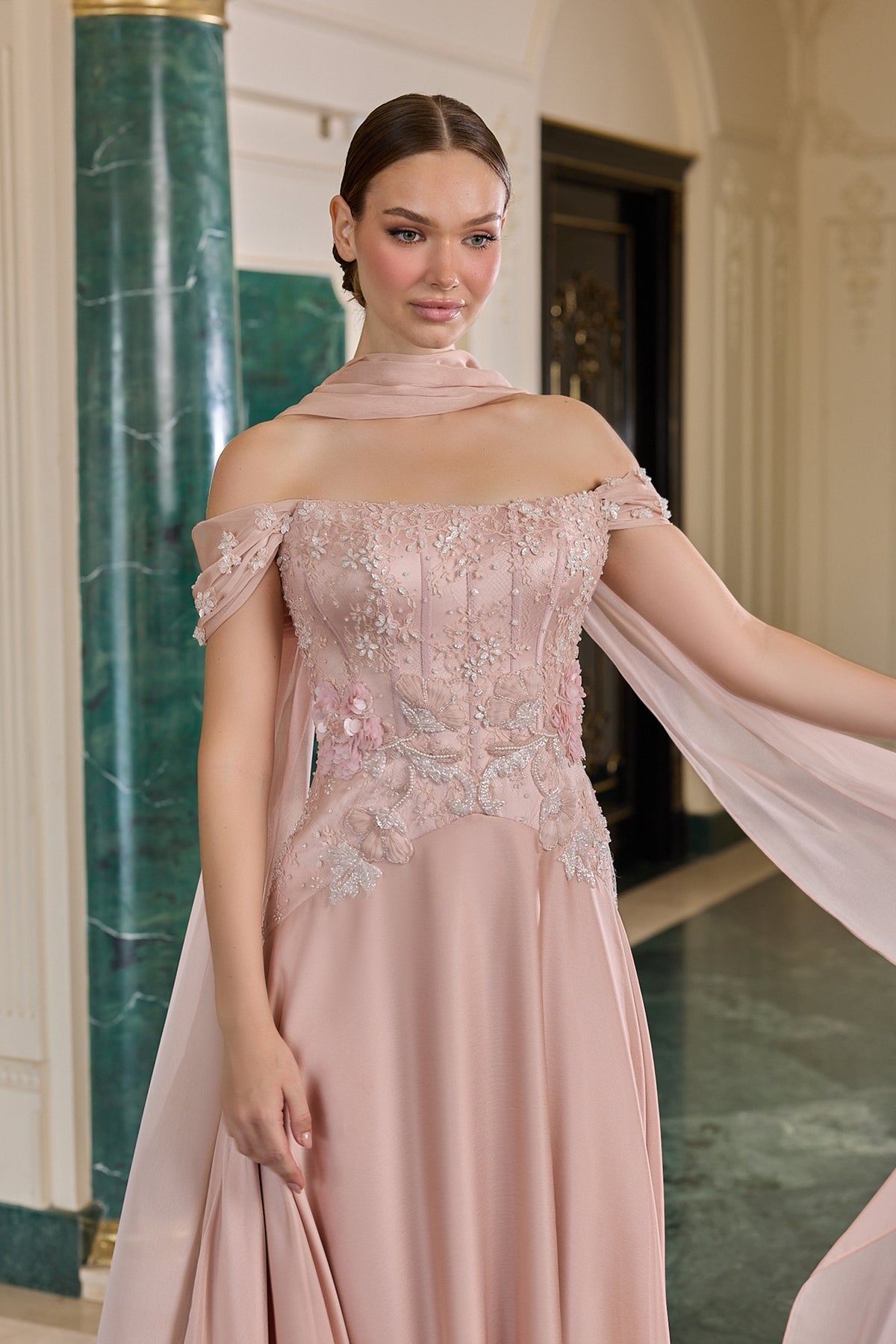 Odessa Floral Embellished Off-Shoulder Evening Gown