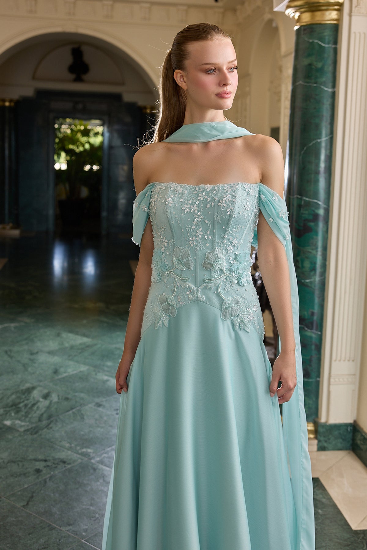Odessa Floral Embellished Off-Shoulder Evening Gown